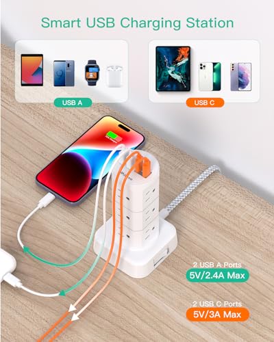 Power Strips with Surge Protection, Flat Plug Power Strip with 12 Outlets 4 USB Ports, Charging Station Tower 1875W/15A 1080J 6Ft Extension Cord...