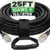 POWGRN 25 Ft 10AWG Black Outdoor Extension Cord Waterproof Heavy Duty 10 Gauge 3 Prong, Flexible Cold-Resistant Power Cord Indoor & Outside with...