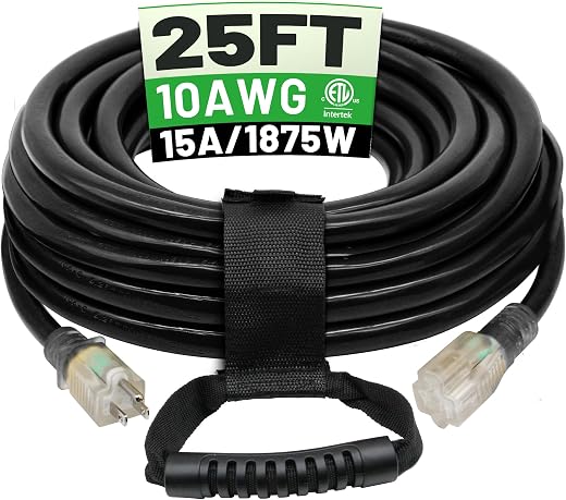 POWGRN 25 Ft 10AWG Black Outdoor Extension Cord Waterproof Heavy Duty 10 Gauge 3 Prong, Flexible Cold-Resistant Power Cord Indoor & Outside with...