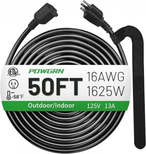 POWGRN 50 FT 16/3 Black Indoor Outdoor Extension Cord Waterproof, 3 Prong Flexblie SJTW Cold Weatherproof -50°C Appliance Extension Cord 13 AMP...