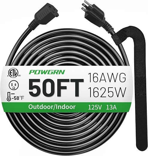 POWGRN 50 FT 16/3 Black Indoor Outdoor Extension Cord Waterproof, 3 Prong Flexblie SJTW Cold Weatherproof -50°C Appliance Extension Cord 13 AMP...