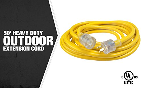 Southwire Extra Heavy Duty Extension Cord, 50Ft, 10 Gauge, 3 Conductor, High Visibility Outdoor Cord, Lighted End, Yellow, 2688SW0002