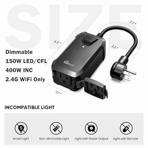 TREATLIFE Smart Dimmer Plug Outdoor Smart Plug Works with Alexa and Google Home, Light Dimmer APP Remote Control, Max Power 400W, IP44 for Dimmable...